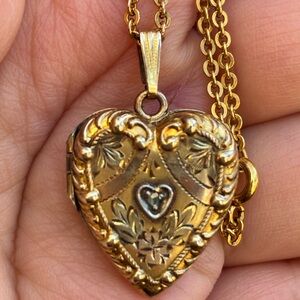 Vintage Gold Filled Heart Locket Necklace Diamond Accent Photo Locket
